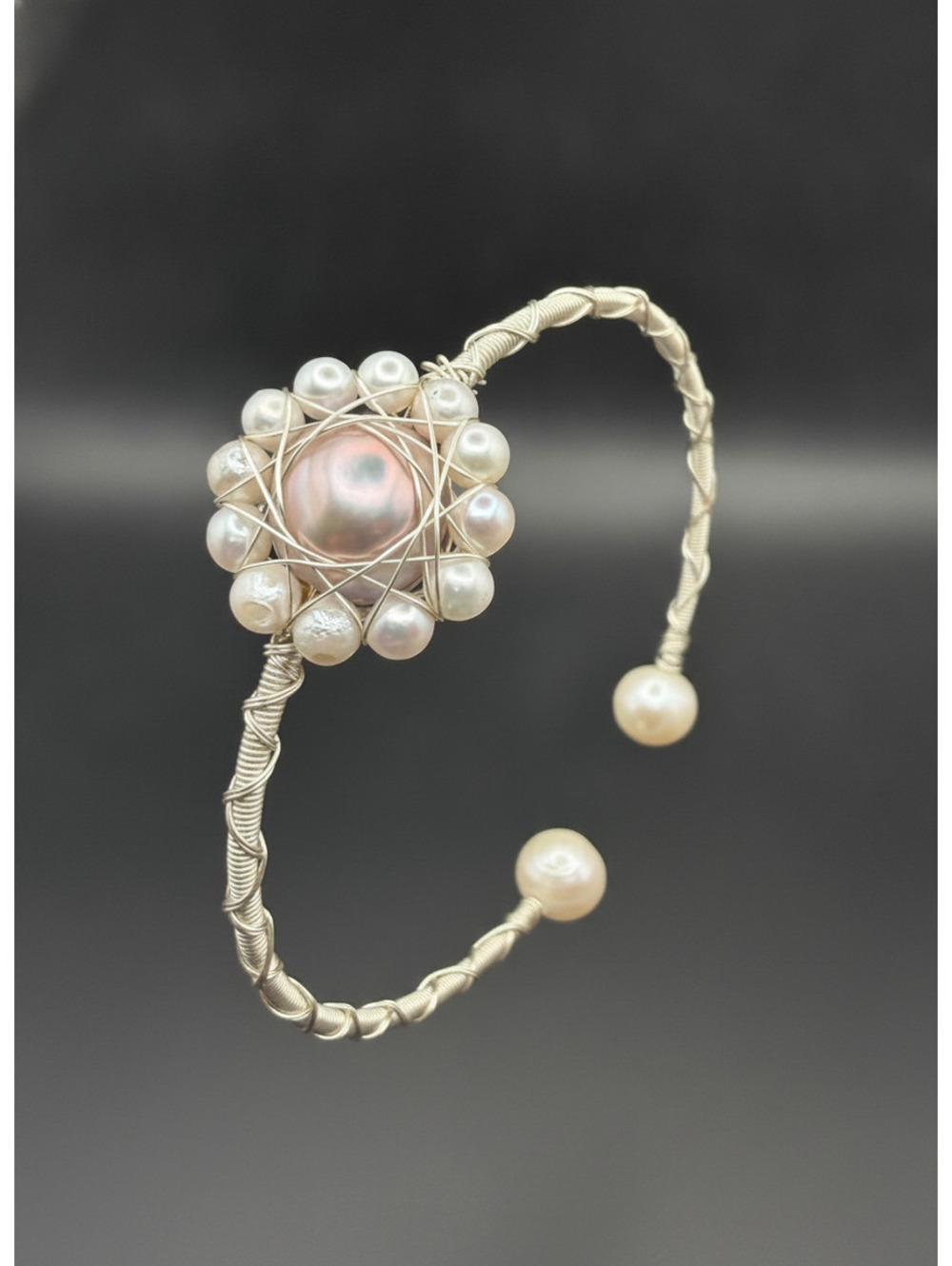 candy+clover freshwater pearl halo silver tone wirewrap cuff bracelet
